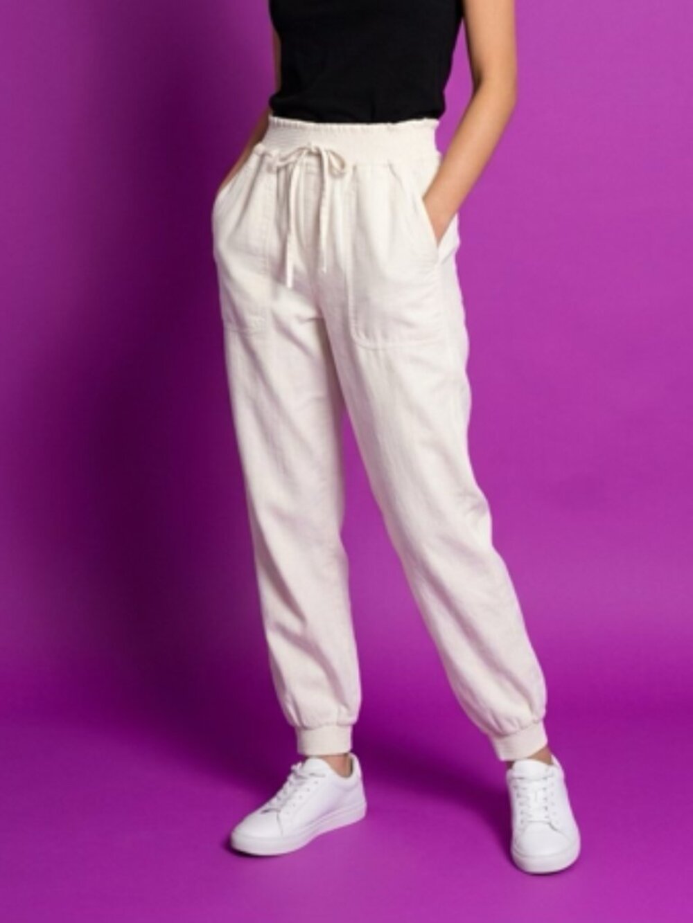 Love Tree Linen Blend Smocked Waist Jogger Pants White Small